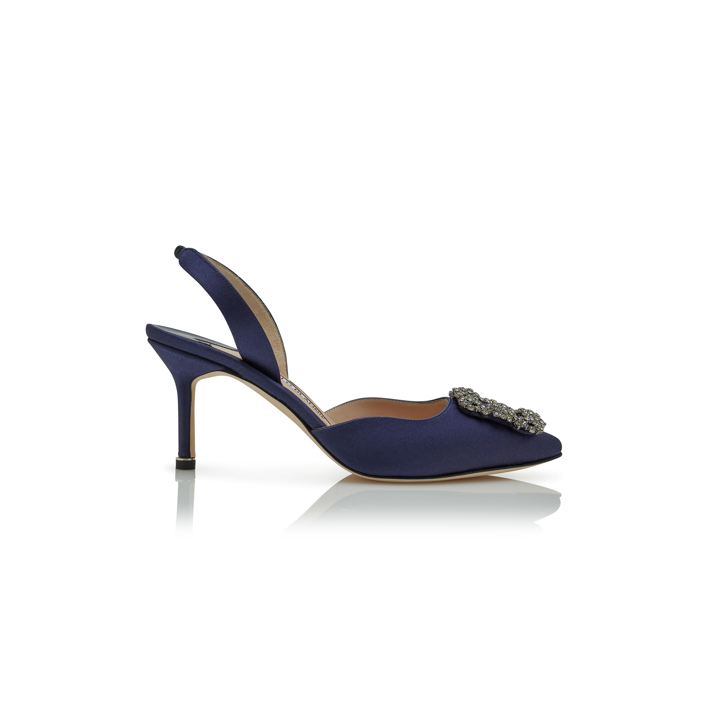 MANOLO BLAHNIK HANGISLI NAVY BLUE SATIN JEWEL BUCKLE SLINGBACK PUMPS 419-0473-0012